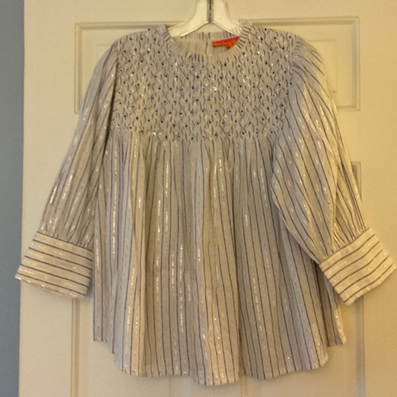Vilagallo Katie Cotton Lurex Top White Blue Embroidered Smocked Beaded 40 US 6 - Picture 1 of 12